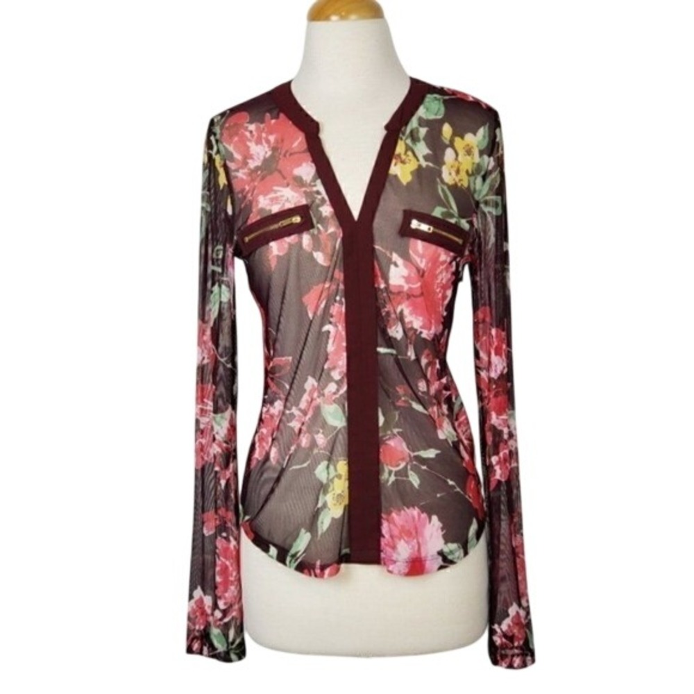 Burgundy Floral Sheer Mesh V-Neck Long Sleeve Top with Zipper Accents Size Large